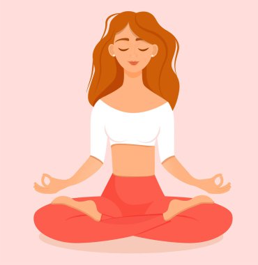 Nilüfer çiçekli genç kızıl saçlı kız evde poz veriyor. Yoga, meditasyon, sağlıklı yaşam tarzı yapan kadının pembe arka planında izole edilmiş vektör çizimi. Bacak bacak üstüne..