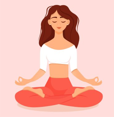 Nilüfer çiçekli genç esmer kız evde poz veriyor. Yoga, meditasyon, sağlıklı yaşam tarzı yapan kadının pembe arka planında izole edilmiş vektör çizimi. Bacak bacak üstüne..
