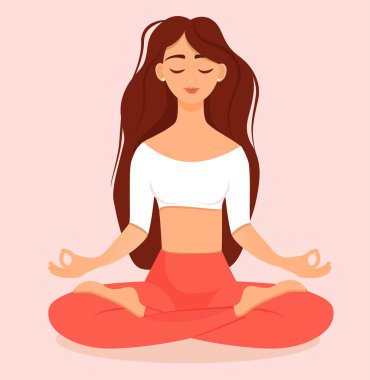 Nilüfer çiçekli genç esmer kız evde poz veriyor. Yoga, meditasyon, sağlıklı yaşam tarzı yapan kadının pembe arka planında izole edilmiş vektör çizimi. Bacak bacak üstüne..
