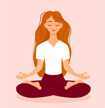 Nilüfer çiçekli genç kızıl saçlı kız evde poz veriyor. Yoga, meditasyon, sağlıklı yaşam tarzı yapan kadının pembe arka planında izole edilmiş vektör çizimi. Bacak bacak üstüne..