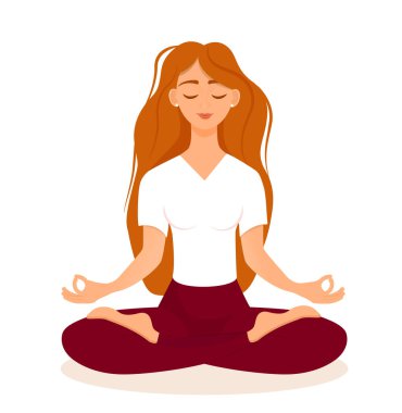 Nilüfer çiçekli genç kızıl saçlı kız evde poz veriyor. Beyaz arka planda izole edilmiş vektör çizimi kadının yoga, meditasyon, sağlıklı yaşam tarzı. Bacak bacak üstüne..