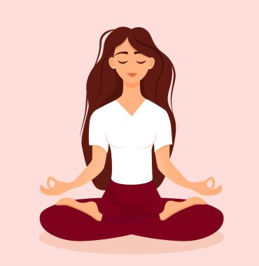 Nilüfer çiçekli genç esmer kız evde poz veriyor. Yoga, meditasyon, sağlıklı yaşam tarzı yapan kadının pembe arka planında izole edilmiş vektör çizimi. Bacak bacak üstüne..