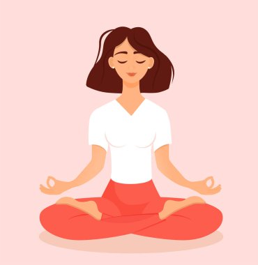 Genç esmer ve kısa saçlı kız evde poz veriyor. Yoga, meditasyon, sağlıklı yaşam tarzı yapan kadının pembe arka planında izole edilmiş vektör çizimi. Bacak bacak üstüne..