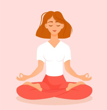 Nilüfer çiçekli genç kızıl saçlı kız evde poz veriyor. Yoga, meditasyon, sağlıklı yaşam tarzı yapan kadının pembe arka planında izole edilmiş vektör çizimi. Bacak bacak üstüne..