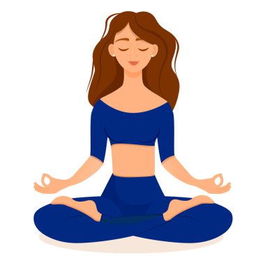 Nilüfer çiçekli genç esmer, mavi eşofmanla evde poz veriyor. Beyaz arka planda izole edilmiş vektör çizimi kadının yoga, meditasyon, sağlıklı yaşam tarzı. Bacak bacak üstüne..