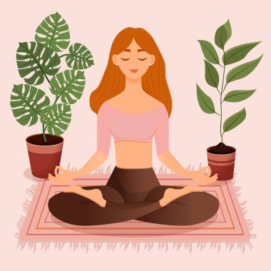 Nilüfer çiçekleri arasında oturan genç kızıl saçlı kız. Yoga yapan, meditasyon yapan, sağlıklı yaşam tarzı olan bir kadının vektör çizimi. Bacak bacak üstüne..