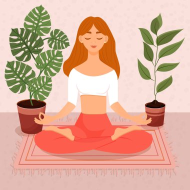 Nilüfer çiçekleri arasında oturan genç kızıl saçlı kız. Yoga yapan, meditasyon yapan, sağlıklı yaşam tarzı olan bir kadının vektör çizimi. Bacak bacak üstüne..