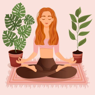 Nilüfer çiçekleri arasında oturan genç kızıl saçlı kız. Yoga yapan, meditasyon yapan, sağlıklı yaşam tarzı olan bir kadının vektör çizimi. Bacak bacak üstüne..