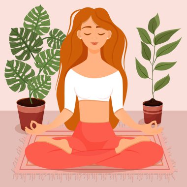 Nilüfer çiçekleri arasında oturan genç kızıl saçlı kız. Yoga yapan, meditasyon yapan, sağlıklı yaşam tarzı olan bir kadının vektör çizimi. Bacak bacak üstüne..