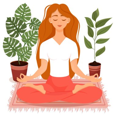 Nilüfer çiçekleri arasında oturan genç kızıl saçlı kız. Yoga yapan, meditasyon yapan, sağlıklı yaşam tarzı olan bir kadının vektör çizimi. Bacak bacak üstüne attım. İçerideki kız..
