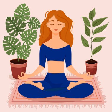 Mavi eşofmanlı genç, kızıl saçlı kız evinde nilüfer çiçekleri arasında poz veriyor. Yoga yapan, meditasyon yapan, sağlıklı yaşam tarzı olan bir kadının vektör çizimi. Bacak bacak üstüne..