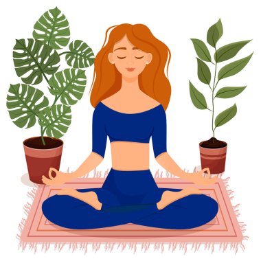 Mavi eşofmanlı genç, kızıl saçlı kız evinde nilüfer çiçekleri arasında poz veriyor. Yoga yapan, meditasyon yapan, sağlıklı yaşam tarzı olan bir kadının vektör çizimi. Bacak bacak üstüne..