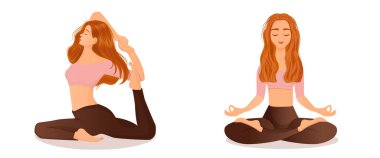 Kadın egzersizlerinin bir grup vektör çizimi. Genç kızıl saçlı bir kız yoga, dans, aerobik ve spor yapıyor. Kadın hareketleri koleksiyonu ve beyaz arka planda pozlar.