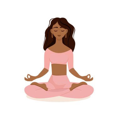 Nilüfer çiçekli genç esmer kız pembe eşofmanla evde poz veriyor. Afro-Amerikalı kadının yoga ve meditasyon yaparken beyaz arka planda izole edilmiş vektör çizimi. Bacak bacak üstüne..