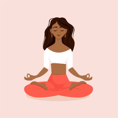 Nilüfer çiçekli genç esmer kız evde poz veriyor. Afro-Amerikalı kadının pembe arka planında izole edilmiş vektör çizimi yoga, meditasyon ve sağlıklı yaşam tarzı yapıyor. Bacak bacak üstüne..