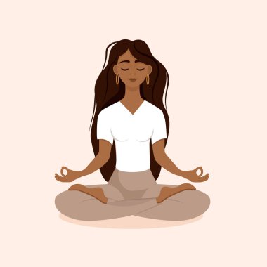 Nilüfer çiçekli genç esmer kız evde poz veriyor. Afro-Amerikalı kadının pembe arka planında izole edilmiş vektör çizimi yoga, meditasyon ve sağlıklı yaşam tarzı yapıyor. Bacak bacak üstüne..