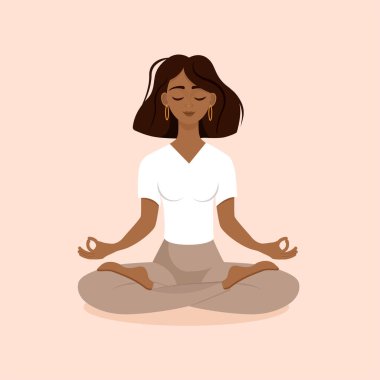 Genç esmer ve kısa saçlı kız evde poz veriyor. Afro-Amerikalı kadının yoga ve meditasyon yaparken pembe arka planda izole edilmiş vektör çizimi. Bacak bacak üstüne..