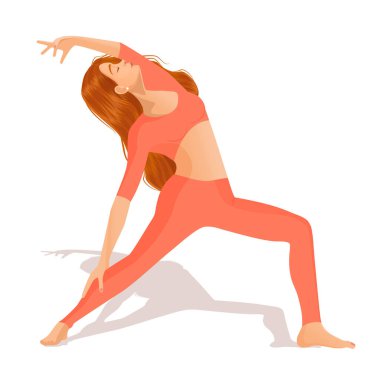 Genç kızıl saçlı kız yoga, meditasyon, dans, spor yapıyor, evde sağlıklı bir yaşam sürüyor. Beyaz arka planda izole edilmiş bir kadın dansçının vektör çizimi.