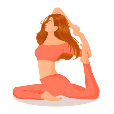 Genç kızıl saçlı kız Eka Pada Rajakapotasana pozunda yoga yapıyor. Beyaz arkaplanda yoga, meditasyon, sağlıklı yaşam tarzı, spor ve dans yapan bir kadın resmi var. Dansçı