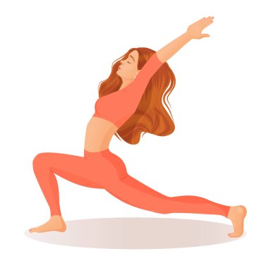 Genç kızıl saçlı kız yoga, meditasyon, dans, spor yapıyor, evde sağlıklı bir yaşam sürüyor. Beyaz arka planda izole edilmiş bir kadın dansçının vektör çizimi.