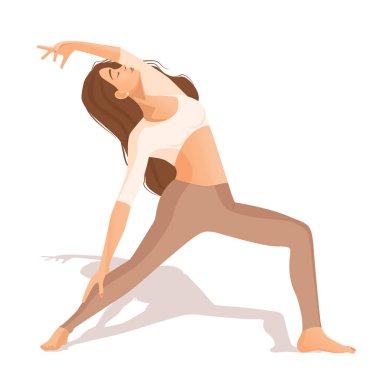 Genç esmer kız evde yoga, meditasyon, dans, spor, sağlıklı yaşam tarzı yapıyor. Beyaz arka planda izole edilmiş bir kadın dansçının vektör çizimi. Pastel gölgeler