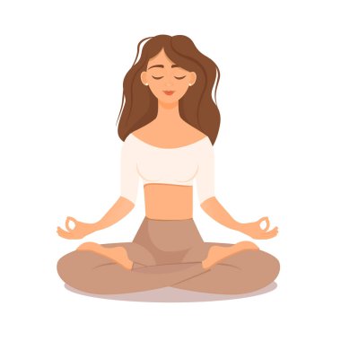 Nilüfer çiçekli genç esmer kız evde poz veriyor. Beyaz arka planda izole edilmiş vektör çizimi kadının yoga, meditasyon, sağlıklı yaşam tarzı. Bacak bacak üstüne attım. Pastel rengi