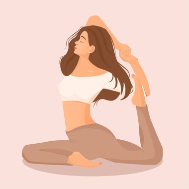 Genç sarışın kız Eka Pada Rajakapotasana pozunda yoga yapıyor. Yoga, meditasyon, sağlıklı yaşam tarzı, spor ve dans yapan kadının pembe arka planında izole edilmiş bir görüntü. Dansçı