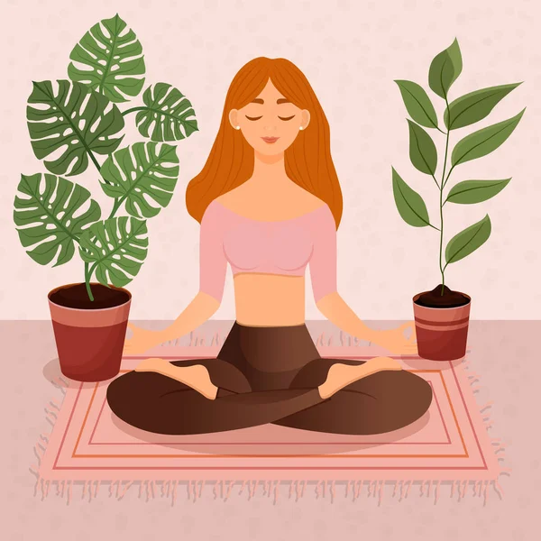 Nilüfer Çiçekleri Arasında Oturan Genç Kızıl Saçlı Kız Yoga Yapan — Stok Vektör