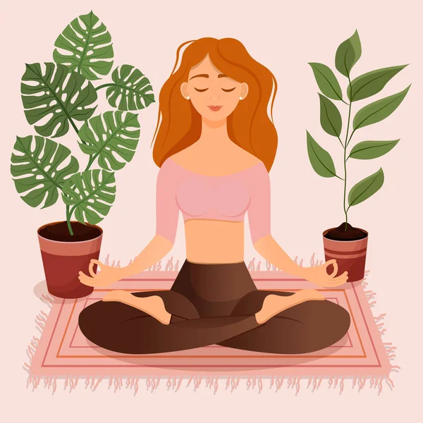 Nilüfer çiçekleri arasında oturan genç kızıl saçlı kız. Yoga yapan, meditasyon yapan, sağlıklı yaşam tarzı olan bir kadının vektör çizimi. Bacak bacak üstüne..