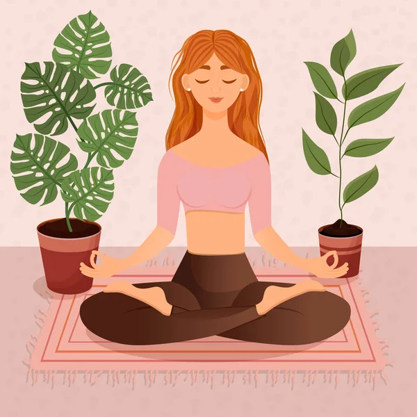 Nilüfer çiçekleri arasında oturan genç kızıl saçlı kız. Yoga yapan, meditasyon yapan, sağlıklı yaşam tarzı olan bir kadının vektör çizimi. Bacak bacak üstüne..