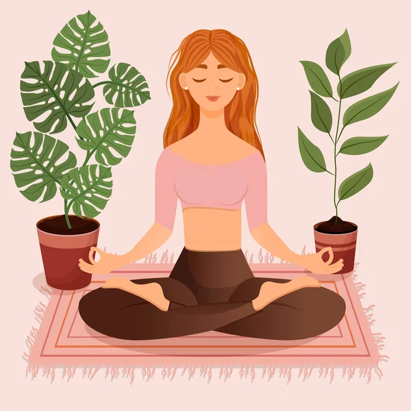 Nilüfer çiçekleri arasında oturan genç kızıl saçlı kız. Yoga yapan, meditasyon yapan, sağlıklı yaşam tarzı olan bir kadının vektör çizimi. Bacak bacak üstüne..