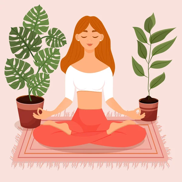 Nilüfer çiçekleri arasında oturan genç kızıl saçlı kız. Yoga yapan, meditasyon yapan, sağlıklı yaşam tarzı olan bir kadının vektör çizimi. Bacak bacak üstüne..