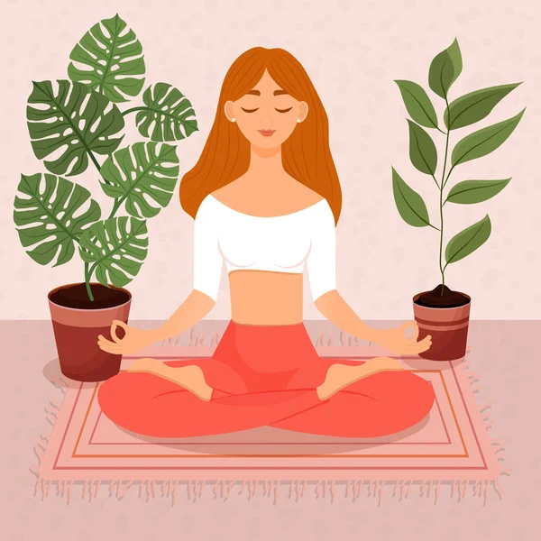 Nilüfer Çiçekleri Arasında Oturan Genç Kızıl Saçlı Kız Yoga Yapan — Stok Vektör