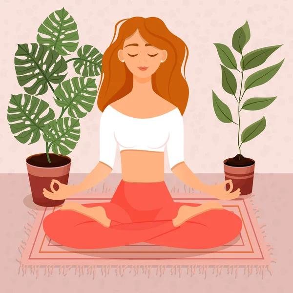 Nilüfer çiçekleri arasında oturan genç kızıl saçlı kız. Yoga yapan, meditasyon yapan, sağlıklı yaşam tarzı olan bir kadının vektör çizimi. Bacak bacak üstüne..