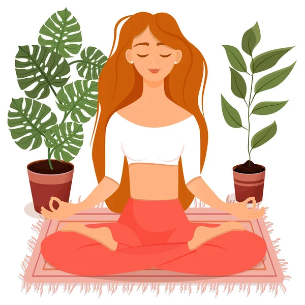 Nilüfer çiçekleri arasında oturan genç kızıl saçlı kız. Yoga yapan, meditasyon yapan, sağlıklı yaşam tarzı olan bir kadının vektör çizimi. Bacak bacak üstüne attım. İçerideki kız..