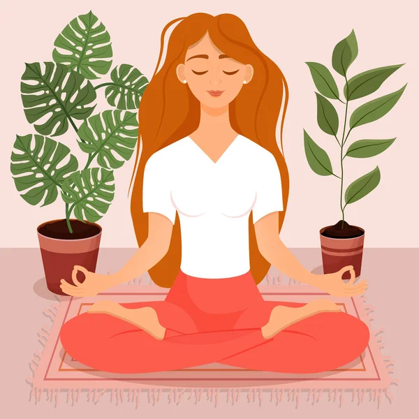 Nilüfer çiçekleri arasında oturan genç kızıl saçlı kız. Yoga yapan, meditasyon yapan, sağlıklı yaşam tarzı olan bir kadının vektör çizimi. Bacak bacak üstüne..