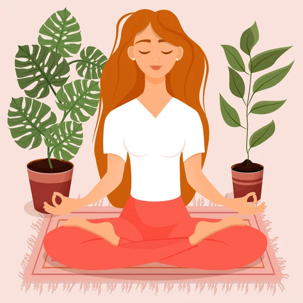 Nilüfer çiçekleri arasında oturan genç kızıl saçlı kız. Yoga yapan, meditasyon yapan, sağlıklı yaşam tarzı olan bir kadının vektör çizimi. Bacak bacak üstüne..