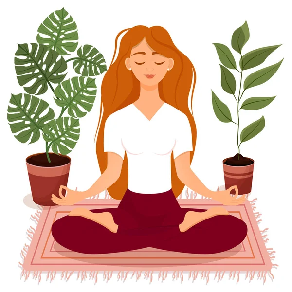 Nilüfer çiçekleri arasında oturan genç kızıl saçlı kız. Yoga yapan, meditasyon yapan, sağlıklı yaşam tarzı olan bir kadının vektör çizimi. Bacak bacak üstüne attım. İçerideki kız..