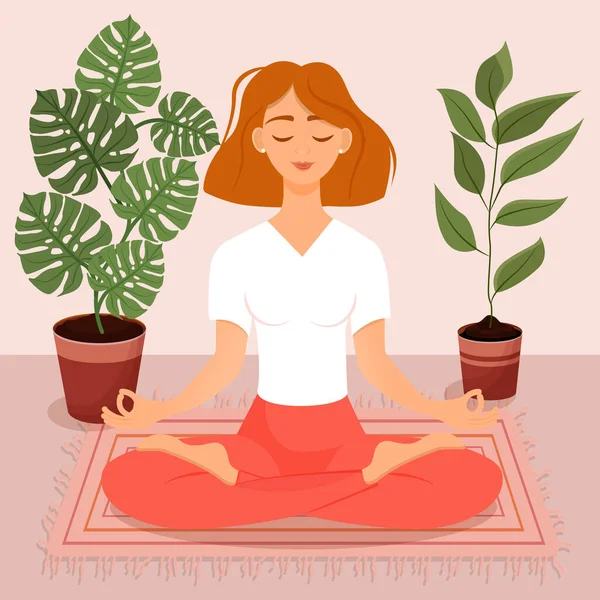 Nilüfer çiçekleri arasında poz veren kısa saçlı genç kızıl saçlı kız. Yoga yapan, meditasyon yapan, sağlıklı yaşam tarzı olan bir kadının vektör çizimi. Bacak bacak üstüne..