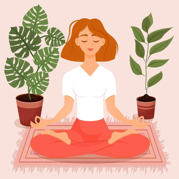 Nilüfer çiçekleri arasında poz veren kısa saçlı genç kızıl saçlı kız. Yoga yapan, meditasyon yapan, sağlıklı yaşam tarzı olan bir kadının vektör çizimi. Bacak bacak üstüne..