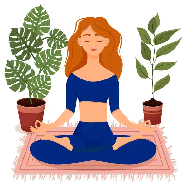 Mavi eşofmanlı genç, kızıl saçlı kız evinde nilüfer çiçekleri arasında poz veriyor. Yoga yapan, meditasyon yapan, sağlıklı yaşam tarzı olan bir kadının vektör çizimi. Bacak bacak üstüne..