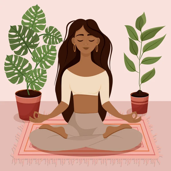 Young Brunette Girl Sitting Lotus Pose Home Surrounded Plants Vector — Stock Vector