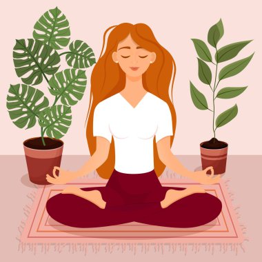 Nilüfer çiçekleri arasında oturan genç kızıl saçlı kız. Yoga yapan, meditasyon yapan, sağlıklı yaşam tarzı olan bir kadının vektör çizimi. Bacak bacak üstüne..