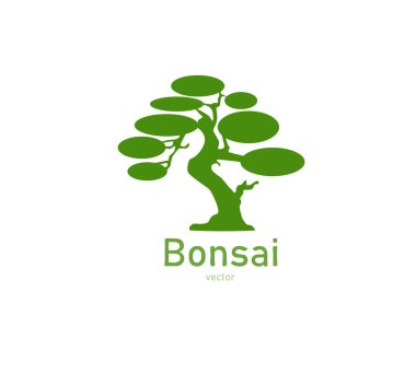 Japon bonsai ağacı. Yeşil logo, ağaç simgesi. İzole edilmiş beyaz arka planda Bonsai siluet vektör çizimi. Ekoloji, doğa, biyoloji. Tasarım şablonu. Metin değiştirilebilir