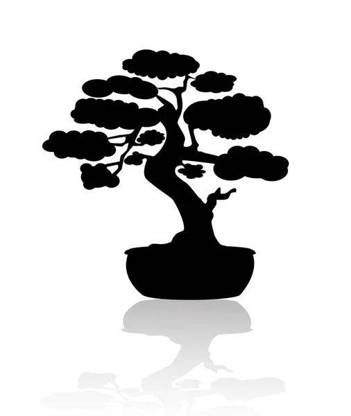日本の盆栽 黒いロゴ 木のアイコン 白地に盆栽のシルエットベクトルイラスト 生態学 生物学の概念 デザインテンプレート — ストックベクタ