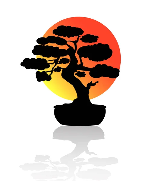 Японское Дерево Бонсай Черный Логотип Икона Дерева Кастрюле Фоне Солнца — стоковый вектор