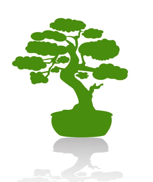 日本の盆栽 緑のロゴ 鉢植えの木のアイコン 白地に盆栽のシルエットベクトルイラスト 生態学 生物学の概念 デザインテンプレート — ストックベクタ