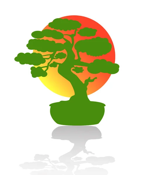 日本の盆栽 緑のロゴ 太陽の背景に鍋に木のアイコン 白地に盆栽のシルエットベクトルイラスト 生態学 生物学の概念 デザインテンプレート — ストックベクタ