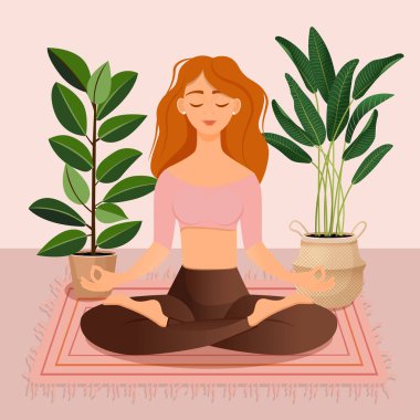 Nilüfer çiçekleri arasında oturan genç kızıl saçlı kız. Yoga, meditasyon, sağlıklı yaşam tarzı yapan bir kadının vektör çizimi. Bacak bacak üstüne..