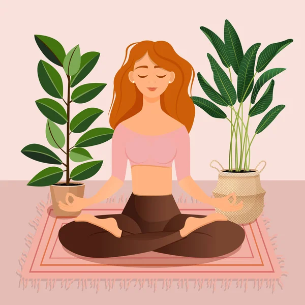 坐在荷花中的红头发少女在家中摆姿势 四周都是植物 一个房间里有一个女人在做瑜伽冥想健康的生活方式交叉腿 — 图库矢量图片